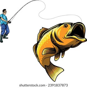 Fishing label with a pike and a fisherman in a boat. vector