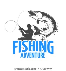 Fishing label with a pike and a fisherman in a boat.All elements editable.