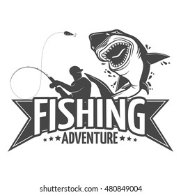 Fishing label with a shark and a fisherman in a boat.All elements editable.