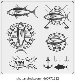 Fishing labels, badges, emblems and design elements. Illustrations of Tuna.