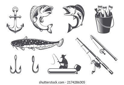 Fishing labels. Traditional water sport tournament with fishing rod hook tackle exact vector monochrome symbols