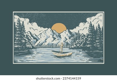 fishing at lake vintage vector illustration