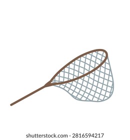 Fishing landing net flat vector illustration isolated on white background. Lightweight fish landing tool icon for anglers, freshwater fishing, outdoor sport, and tackle equipment