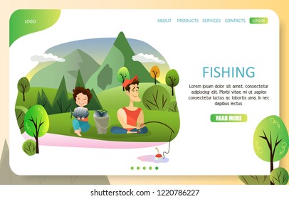 Fishing landing page website template. Vector illustration of happy couple fishing on lake or river bank. Summer vacation, weekend activities concept.