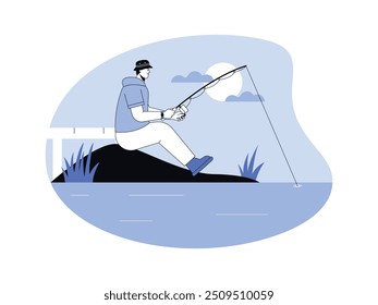 Fishing for leisure and relaxation, blue, semi outline style, vector illustration.