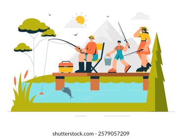 Fishing Leisure Vector Illustration featuring a Fishing Experience with Sport Angler and Bait from the Lake Shore and on a Boat in an Recreation