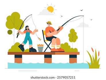 Fishing Leisure Vector Illustration featuring a Fishing Experience with Sport Angler and Bait from the Lake Shore and on a Boat in an Recreation