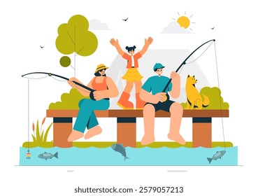 Fishing Leisure Vector Illustration featuring a Fishing Experience with Sport Angler and Bait from the Lake Shore and on a Boat in an Recreation