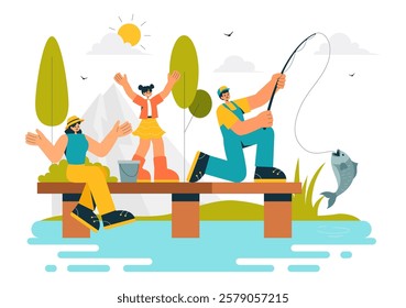 Fishing Leisure Vector Illustration featuring a Fishing Experience with Sport Angler and Bait from the Lake Shore and on a Boat in an Recreation