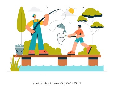 Fishing Leisure Vector Illustration featuring a Fishing Experience with Sport Angler and Bait from the Lake Shore and on a Boat in an Recreation