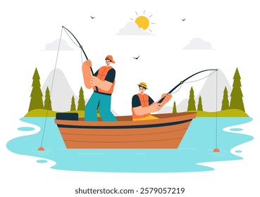 Fishing Leisure Vector Illustration featuring a Fishing Experience with Sport Angler and Bait from the Lake Shore and on a Boat in an Recreation