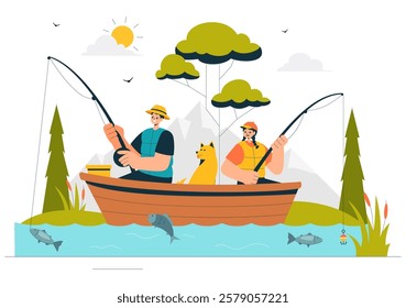 Fishing Leisure Vector Illustration featuring a Fishing Experience with Sport Angler and Bait from the Lake Shore and on a Boat in an Recreation