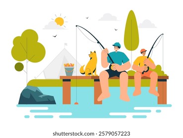 Fishing Leisure Vector Illustration featuring a Fishing Experience with Sport Angler and Bait from the Lake Shore and on a Boat in an Recreation