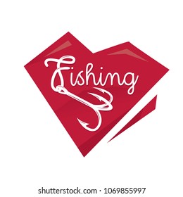 Fishing lettering and hook on the red heart. Vector logo