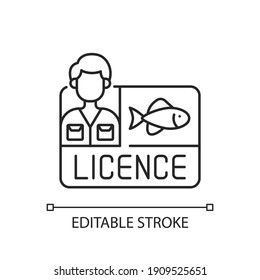 Fishing licence linear icon. Permission to catch fish. Ecological legislation. Fishing contest. Thin line customizable illustration. Contour symbol. Vector isolated outline drawing. Editable stroke