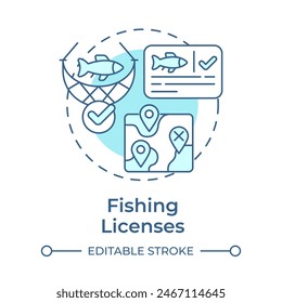 Icono de concepto de Licencias de pesca azul suave. Estándares de la industria, gestión de documentación. Ilustración de línea de forma redonda. Abstractas idea. Diseño gráfico. Fácil de usar en infografía, presentación