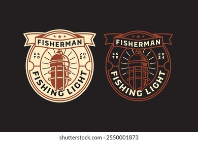 fishing light, fisherman lamp retro badge logo design set. fishing sign, fishery tube vintage emblem logo collection for fisherman, fishing gear, sport and competition