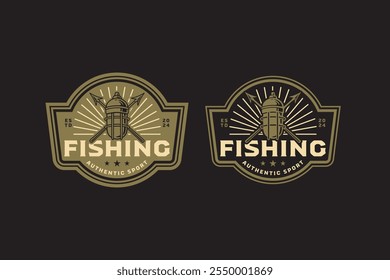 fishing light with spear, fisherman lamp with pike retro badge logo design set. fishing sign with javelin, lance vintage emblem logo collection for fisherman, fishing gear, sport and competition