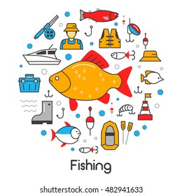 Fishing Line Art Thin Vector Icons Set with Fisherman and Tools