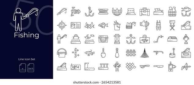Linha de pesca conjunto de ícones editáveis. Ilustração vetorial no estilo de linha fina moderna de ícones de pesca: pescador, peixe, hobby, etc