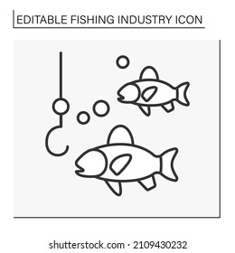  Fishing line icon. Catch fish on hook. Leisure time. Hobby. Fishing industry concept. Isolated vector illustration. Editable stroke