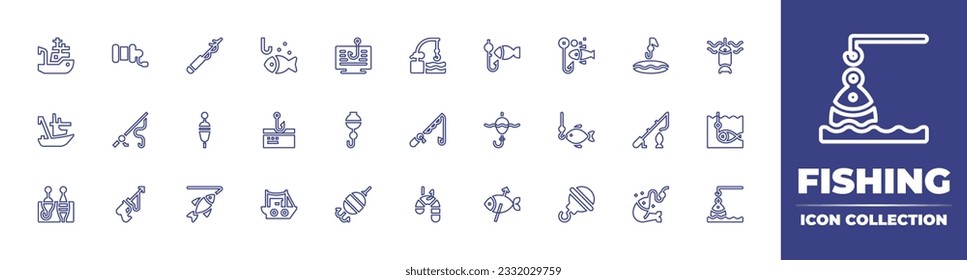 Fishing line icon collection. Editable stroke. Vector illustration. Containing fishing boat, reel, harpoon, fishing, phishing, rod, floating, float, floats, boat, fishing baits, hook.