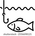 Fishing line icon. Fish and hook in the water outline vector sign. Linear style pictogram. Symbol, logo illustration. Editable stroke.