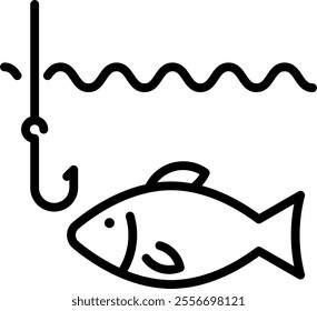 Fishing line icon. Fish and hook in the water outline vector sign. Linear style pictogram. Symbol, logo illustration. Editable stroke.