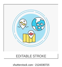 Fishing line icon. Global fish population in the ocean. Fishing industry.Vector isolated conception metaphor illustration.Editable stroke