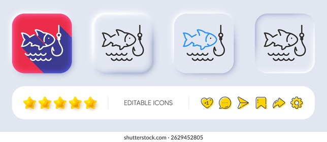 Fishing line icon. Neumorphic, Flat shadow, 3d buttons. Fish and hook sign. Catch seafood symbol. Line fishing icon. Social media icons. Vector
