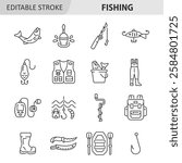 Fishing line icon set. Collection with fish, knife, backpack, inflatable boat, ice pick, hook, float, fishing lure, echo sounder, unloading vest, fishing rod. Editable stroke. Vector collection.