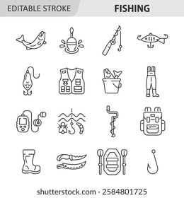 Fishing line icon set. Collection with fish, knife, backpack, inflatable boat, ice pick, hook, float, fishing lure, echo sounder, unloading vest, fishing rod. Editable stroke. Vector collection.