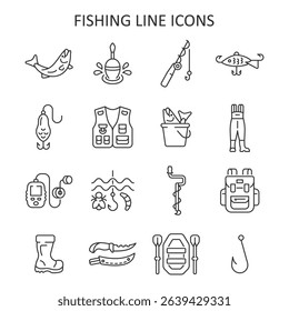 Fishing line icon set. Collection with fish, knife, backpack, inflatable boat, ica pick, hook, float, fishing lure, echo sounder, unloading vest, fishing rod. Vector collection.