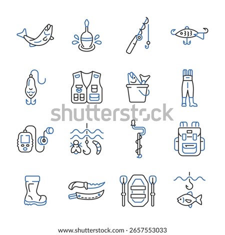 Fishing line icon set. Color collection with fish, knife, backpack, inflatable boat, ica pick, hook, float, fishing lure, echo sounder, unloading vest, fishing rod. Vector collection.