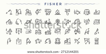 Fishing line icon set. Contains such icons as hunt, sea, fish, fisherman, activity, fisher and more. Catching Fish icon collection. Trendy minimal icons. Editable stroke.