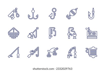 Fishing line icon set. Editable stroke. Vector illustration. Containing harpoon, hook, hook, baits, fish hook, net, fishing rod, cheque, fishing, bait, rod, reel.