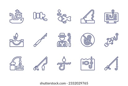 Fishing line icon set. Editable stroke. Vector illustration. Containing boat, reel, fishing, phishing, harpoon, fisherman, no fishing, rod.