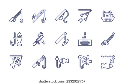 Fishing line icon set. Editable stroke. Vector illustration. Containing fishing rod, fishing, boat.