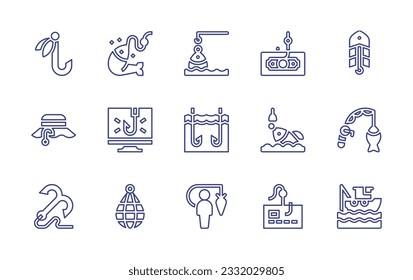Fishing line icon set. Editable stroke. Vector illustration. Containing hook, bait, fish, money, fisherman, scam, overfishing, fishing, fishing rod, fishing net, motivation, phishing, boat.
