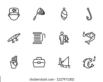 Fishing line icon set. Fisherman, net, hook. Fishery concept. Can be used for topics like catch, hobby, fishing trip