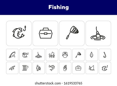 Fishing line icon set. Fisherman, net, hook. Fishery concept. Can be used for topics like catch, hobby, fishing trip