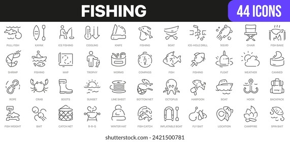 Fishing line icons collection. UI icon set in a flat design. Excellent signed icon collection. Thin outline icons pack. Vector illustration EPS10