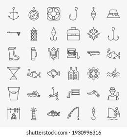 Fishing Line Icons Set. Vector Thin Outline Fisherman Symbols.