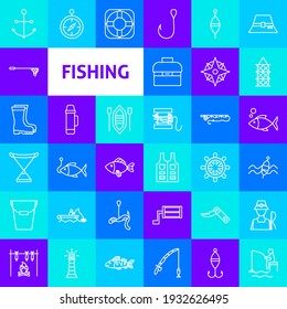 Fishing Line Icons. Vector Thin Outline Fisherman Symbols.