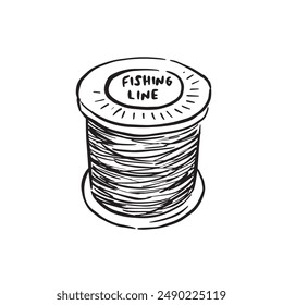 A fishing line reel drawing in black vector, fishing for carp, trout, marlin, cod and lots of other fish