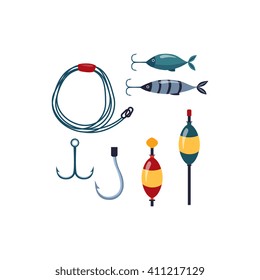 Fishing line, Sopinner And Hooks Cartoon Simple Style Colorful Isolated Flat Vector Illustration On White Background