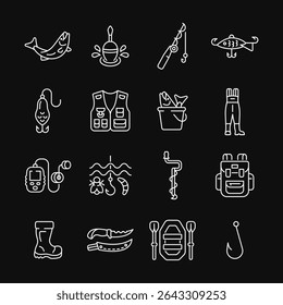 Fishing line white icon set. Collection with fish, knife, backpack, inflatable boat, ica pick, hook, float, fishing lure, echo sounder, unloading vest, fishing rod. Editable stroke. Vector collection.