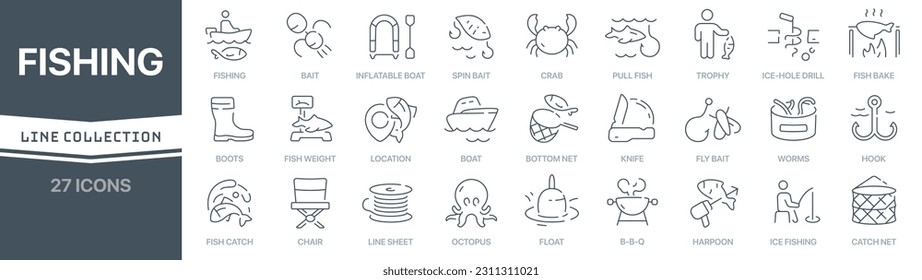 Fishing linear signed icon collection. Signed thin line icons collection. Set of fishing simple outline icons