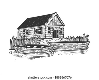 fishing lodge with boats sketch engraving vector illustration. T-shirt apparel print design. Scratch board imitation. Black and white hand drawn image.