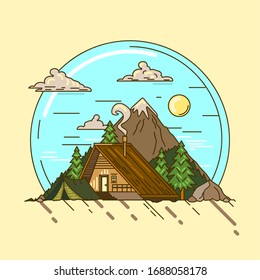Fishing lodge. Outdoor recreation. Mountains and trees. Camping doodle